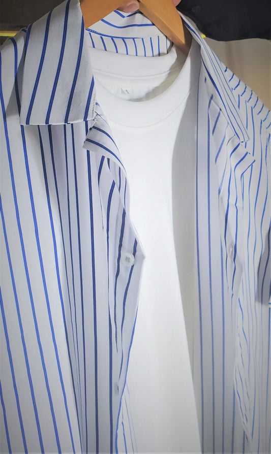 Classic Blue Stripe Cuban Collar Hawaiian Shirt with White T-Shirt