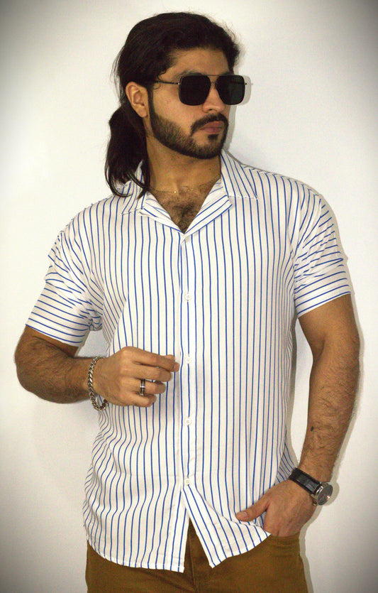 Classic Blue Stripe Hawaiian Summer Shirt - Cuban Collar