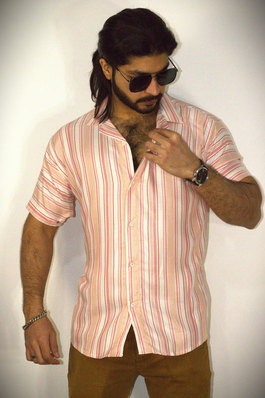 Elegant Peach Stripes Hawaiian Summer Shirt - Cuban Collar