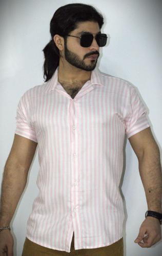 Light Pink Stripes Hawaiian Summer Shirt - Cuban Collar