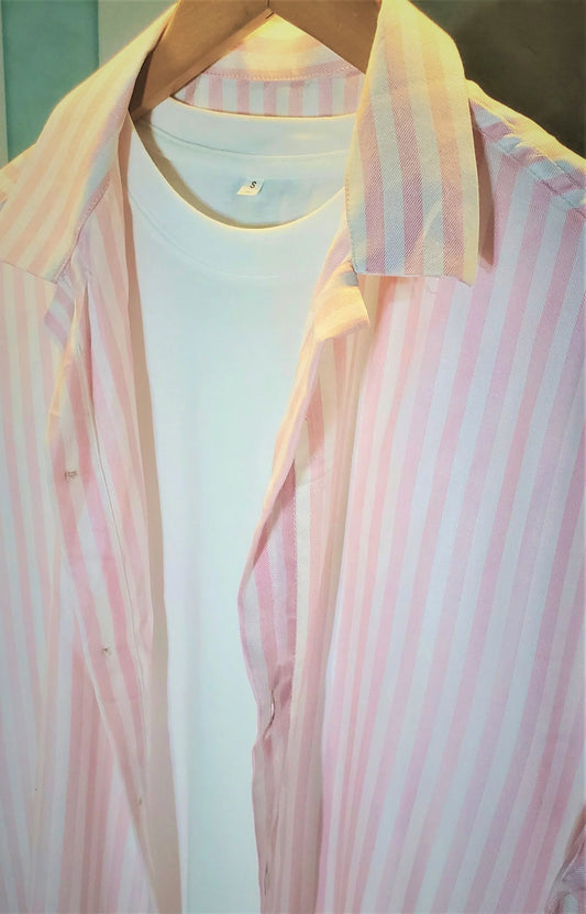 Light Pink Stripe Cuban Collar Hawaiian Shirt with White T-Shirt