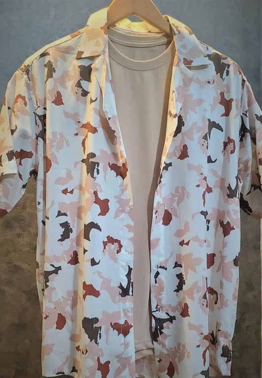 Safari Cuban Collar Hawaiian Shirt with Cream Color T-Shirt
